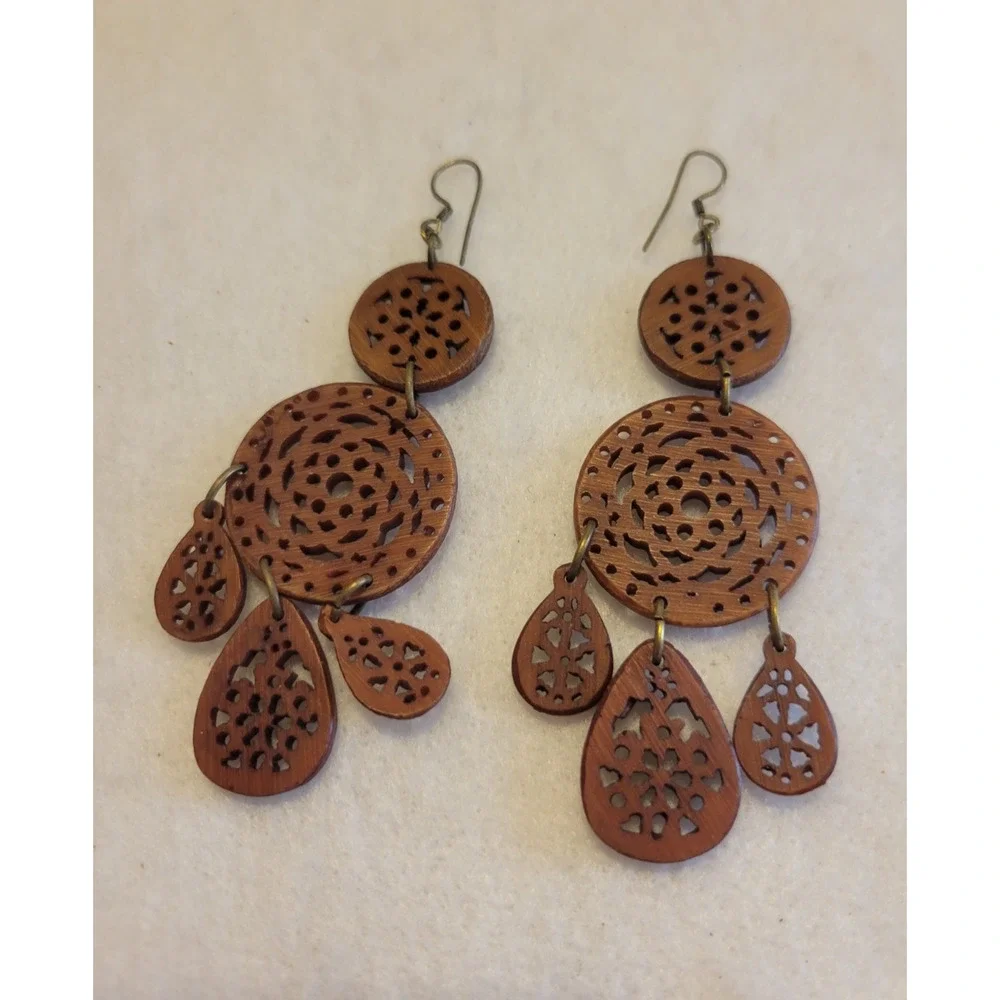 Dangling Pierced Earrings Round Teardrop Carved Wooden Cut-Out‎ Boho Jewelry